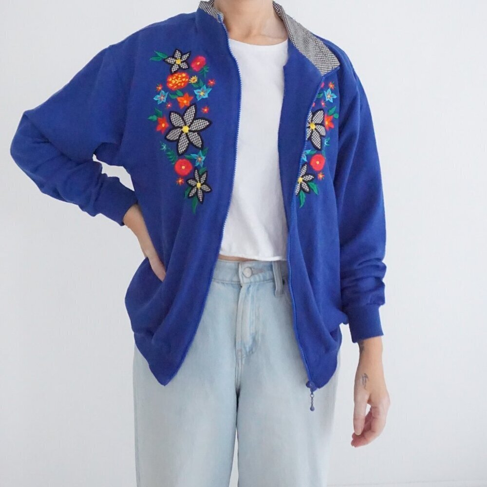 Vintage Alfred Dunner Blue Floral Embroidered Zip Up Knit Cottagecore Cardigan S